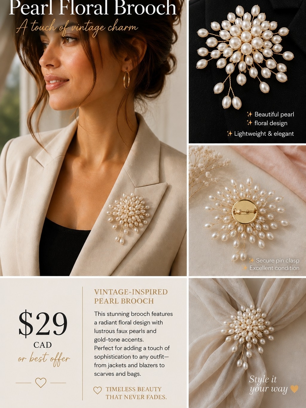 Vintage-Inspired Pearl Floral Brooch - Gold Tone